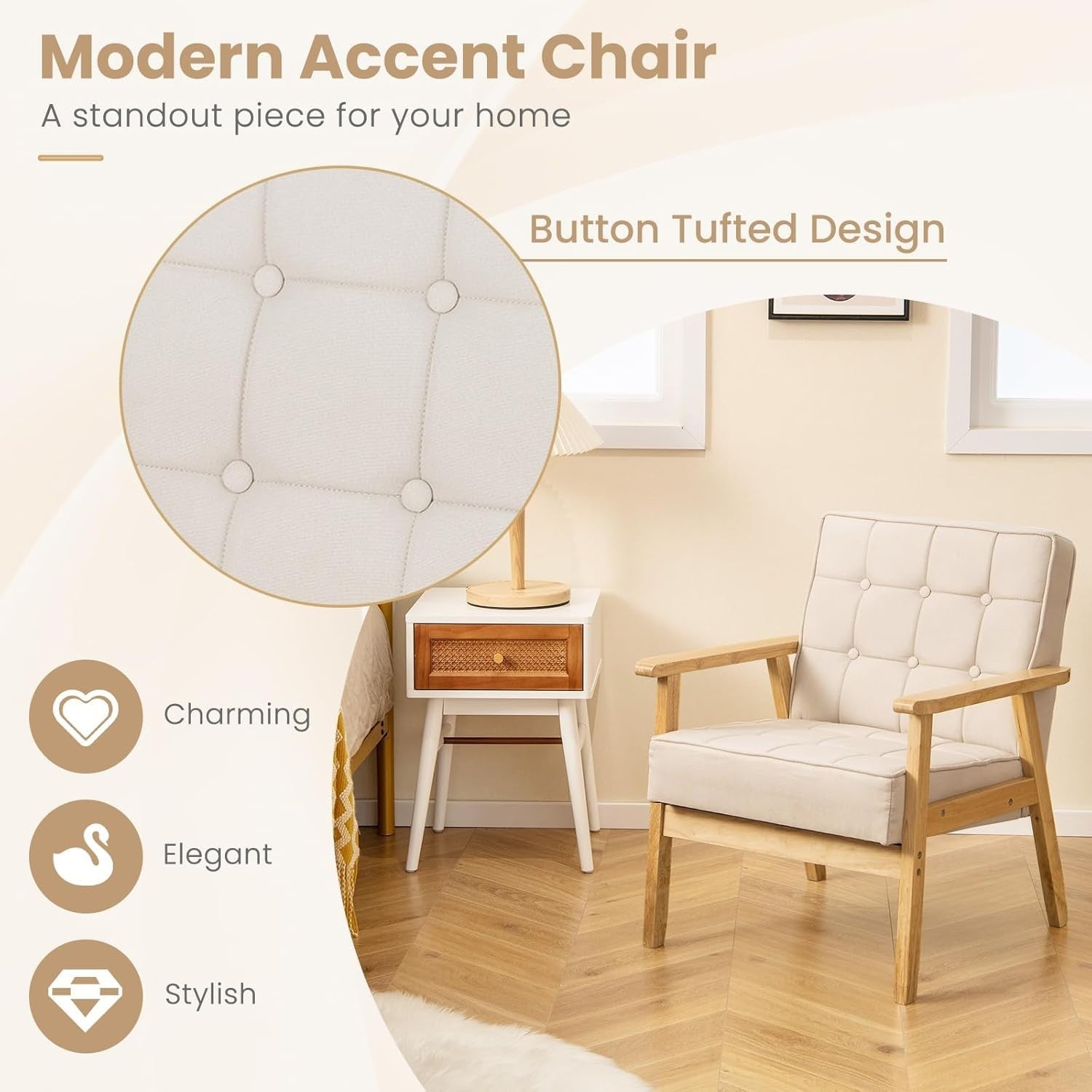 Beige Fabric Armchair Wooden Frame Tufted Lounge Chair Living Room