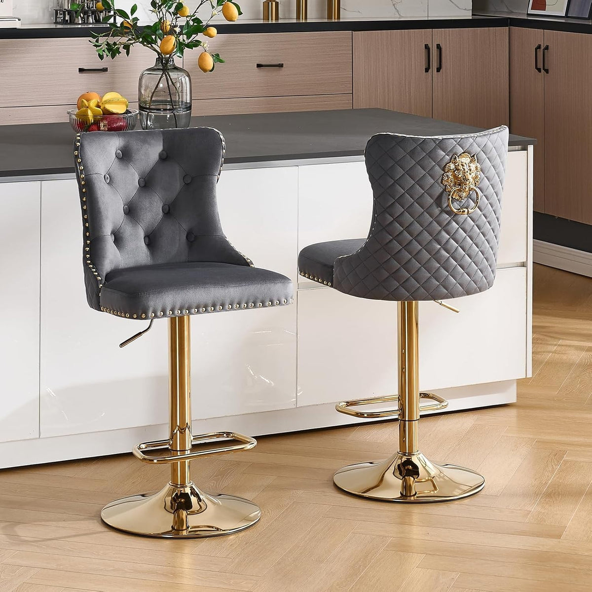 Velvet Bar Stools Set of 2 Dark Grey Gold Legs Adjustable Swivel Chairs