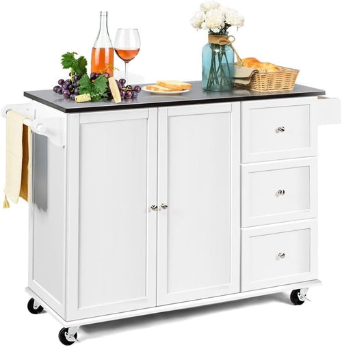 Rolling Kitchen Island Cart with Stainless Steel Top, Storage Drawers & Towel Ra