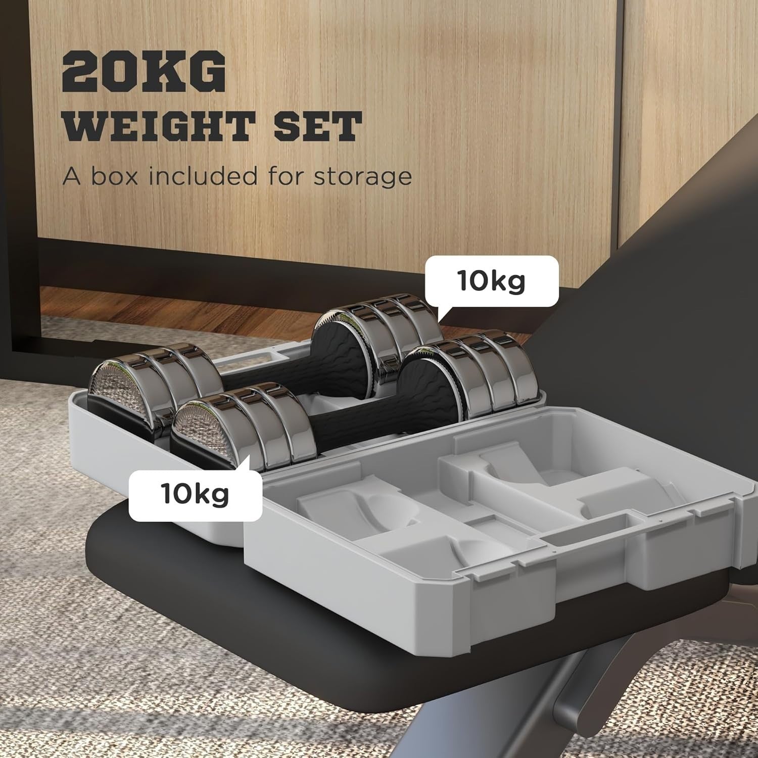 20kg Adjustable Dumbbells Pair Non Slip Weights with Storage Box Home Gym