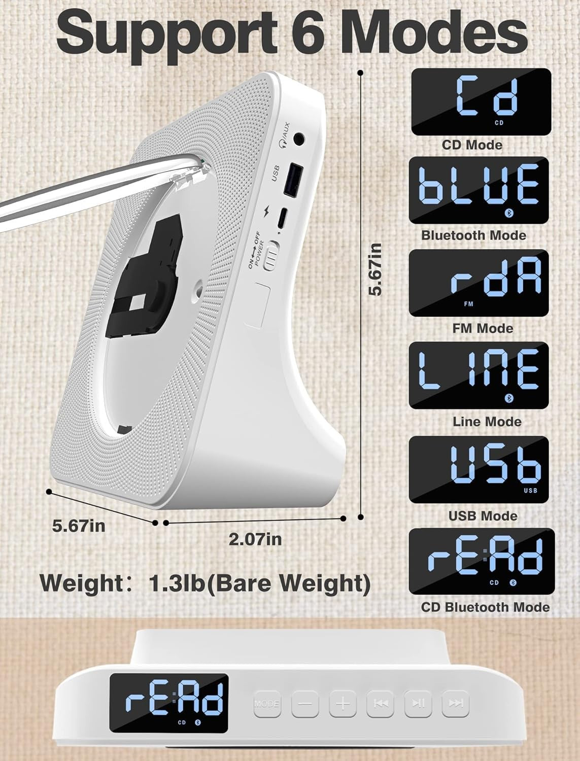 Rechargeable CD Player Bluetooth HiFi Speaker FM Radio Remote LCD