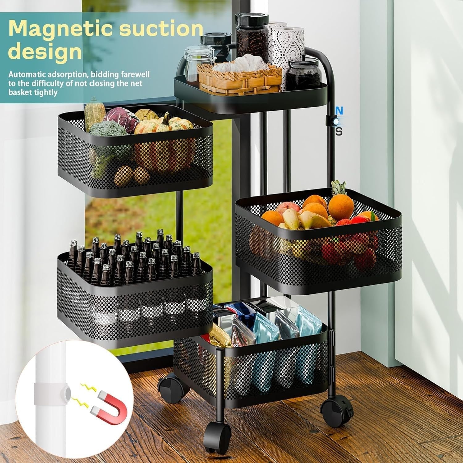 4 Tier Rotating Storage Trolley on Wheels Kitchen Bathroom Basket Rack Black