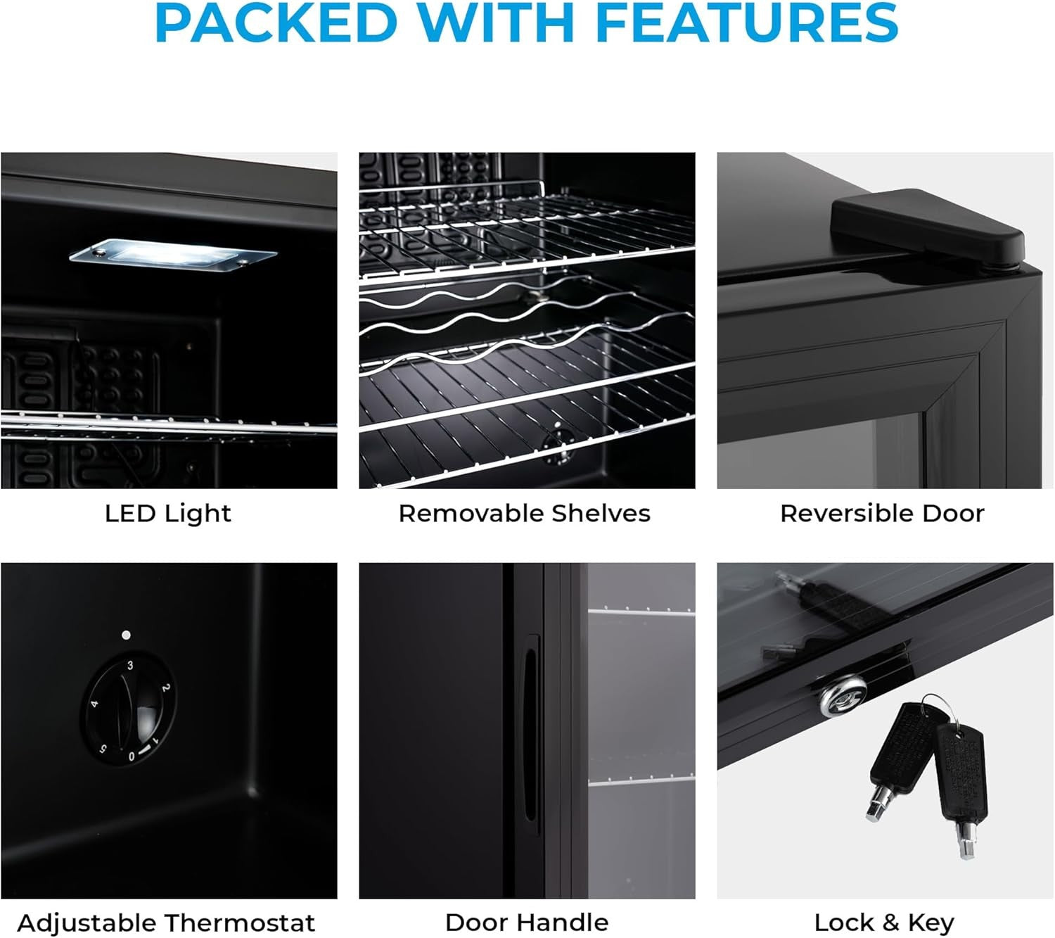 Under Counter Drinks Fridge 85L Beer Wine Cooler Glass Door LED Lockable