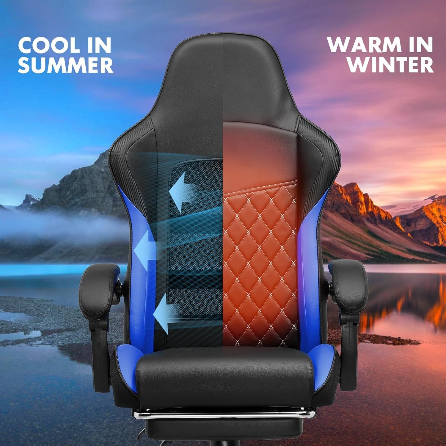 Gaming Chair High Back Leather Footrest Ergonomic Blue