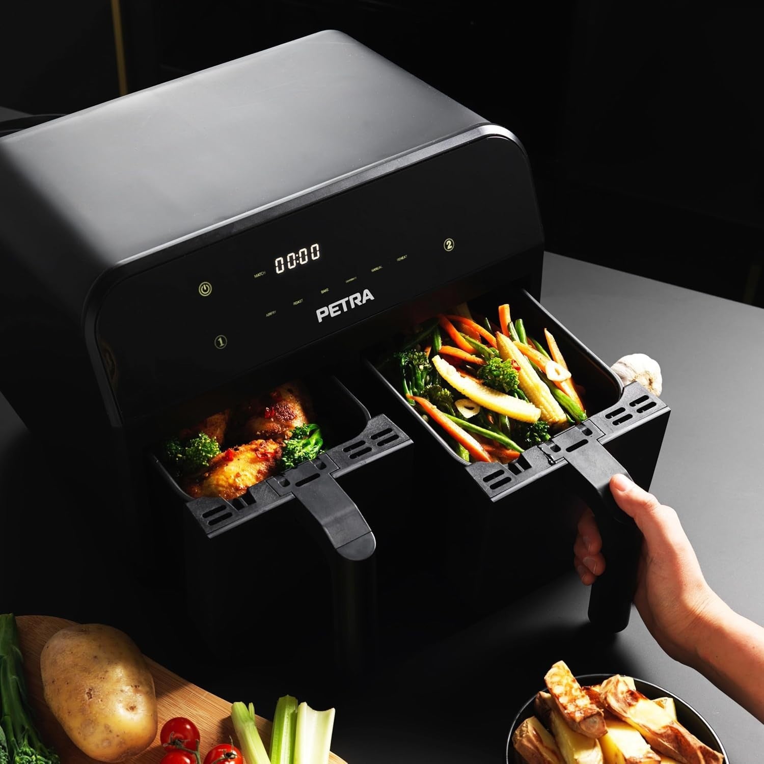Dual Air Fryer 7.4L 2 Drawer 2400W Sync Match LED 6 Presets 60min Timer
