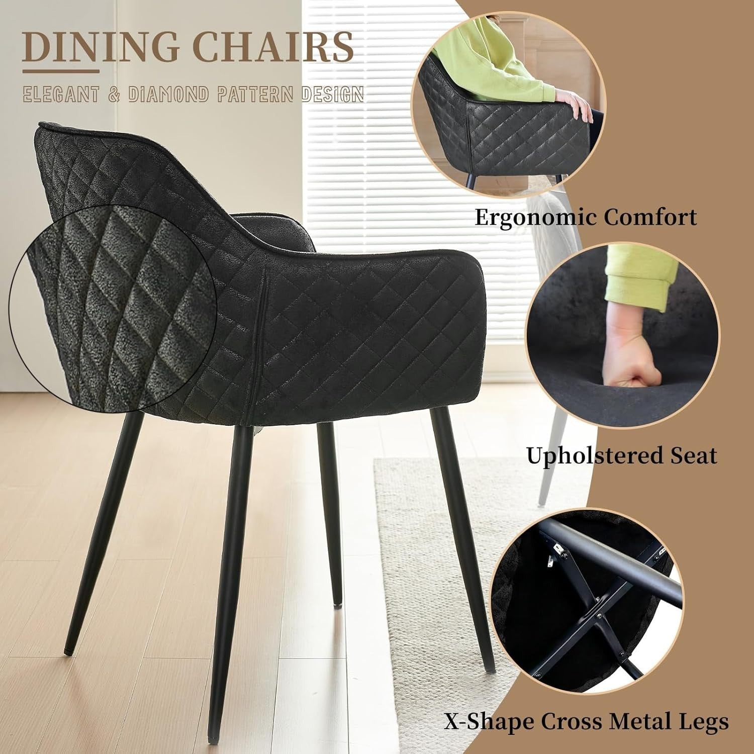 Round Dark Walnut Dining Table Set with 2 Black Faux Suede Chairs Kitchen