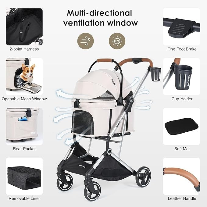 3-in-1 Pet Stroller Detachable Carrier Foldable Pushchair for Small Dogs Cats
