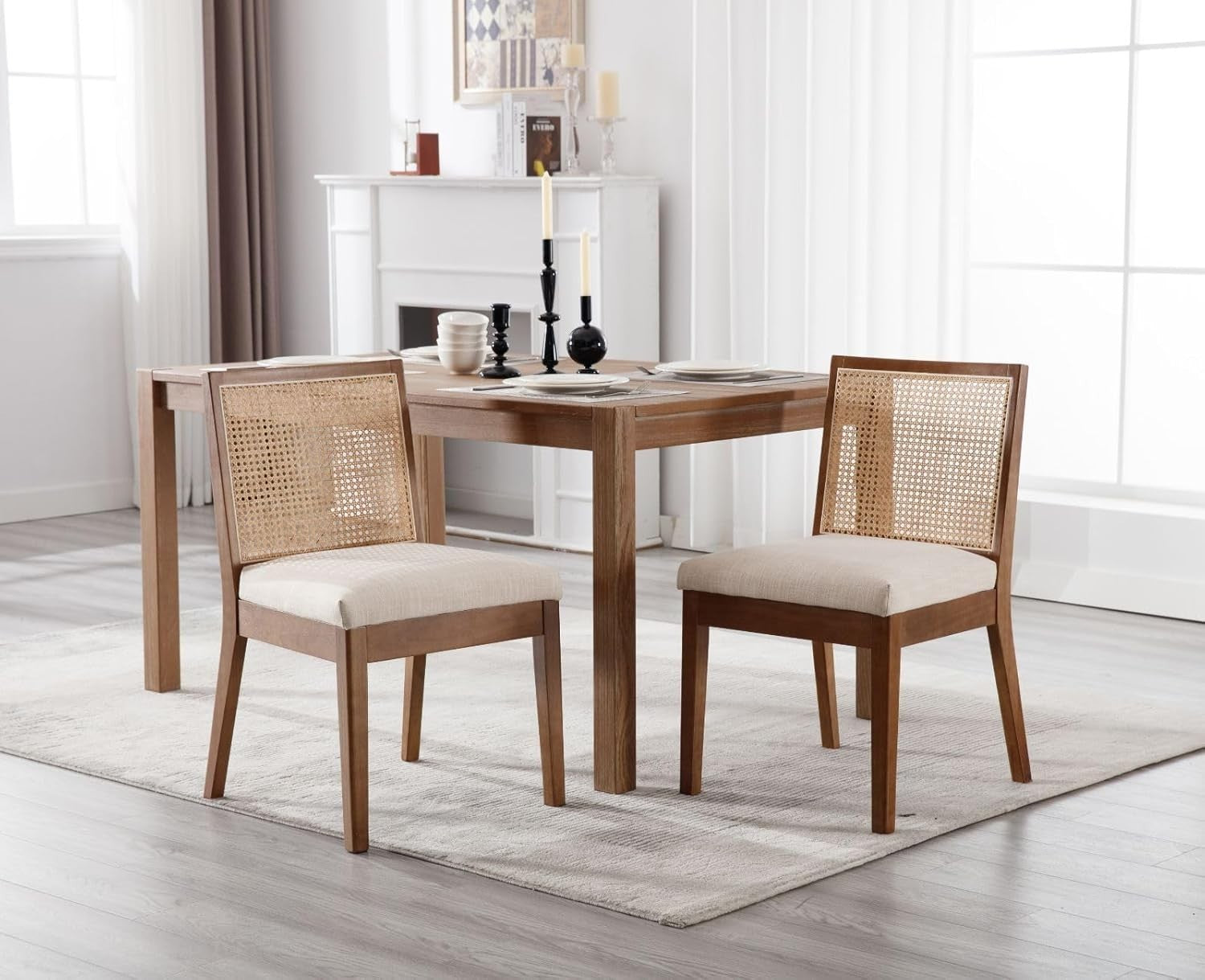 Set of 4 Rattan Dining Chairs Upholstered Seat Wooden Frame Mid Century