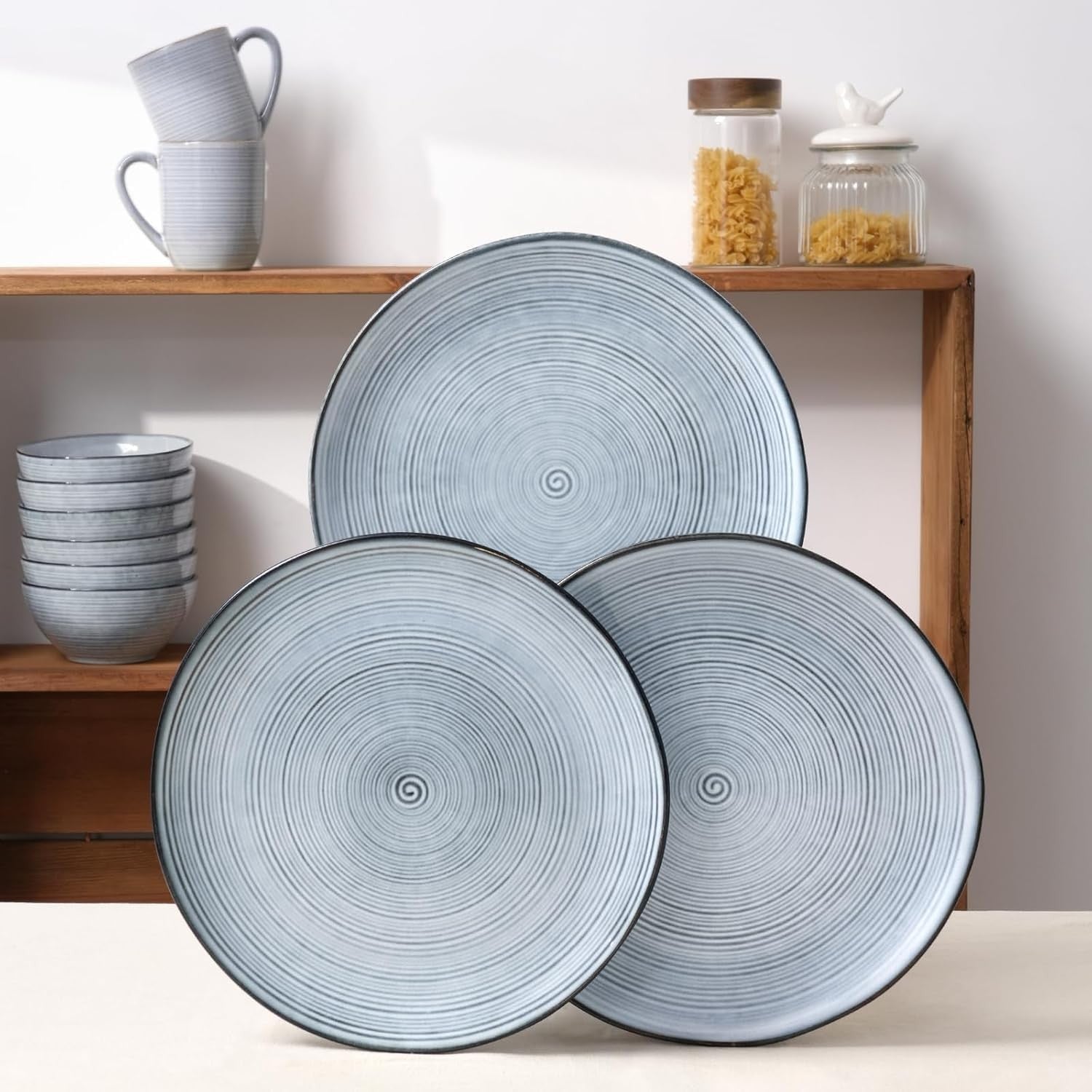 12pc Stoneware Dinnerware Set Plates Bowls Blue Swirl for 4
