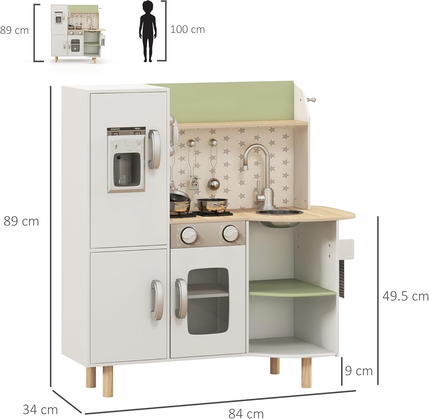 Kids Wooden Play Kitchen w/ Ice Maker Phone Sink White Toy