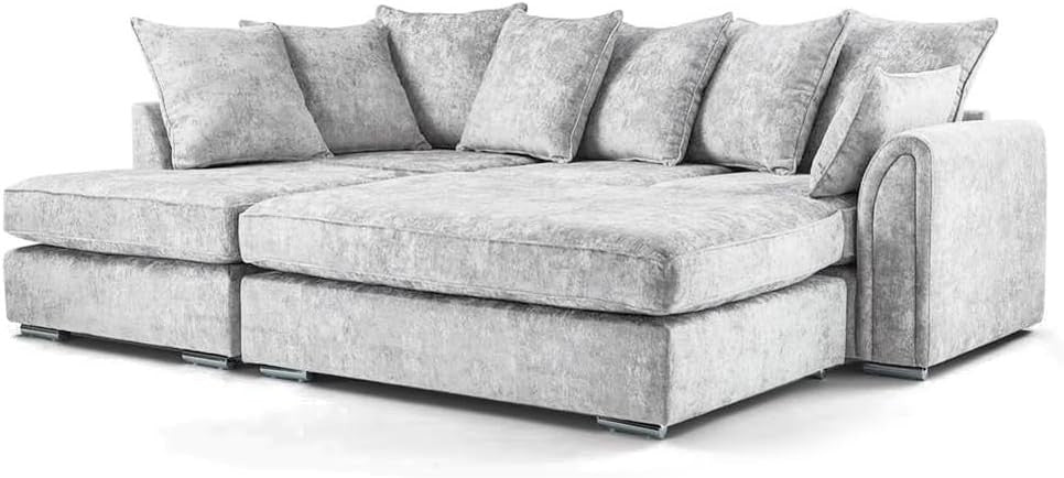 Silver Chenille 4 Seater Left Hand Corner Sofa Bed with Footstool