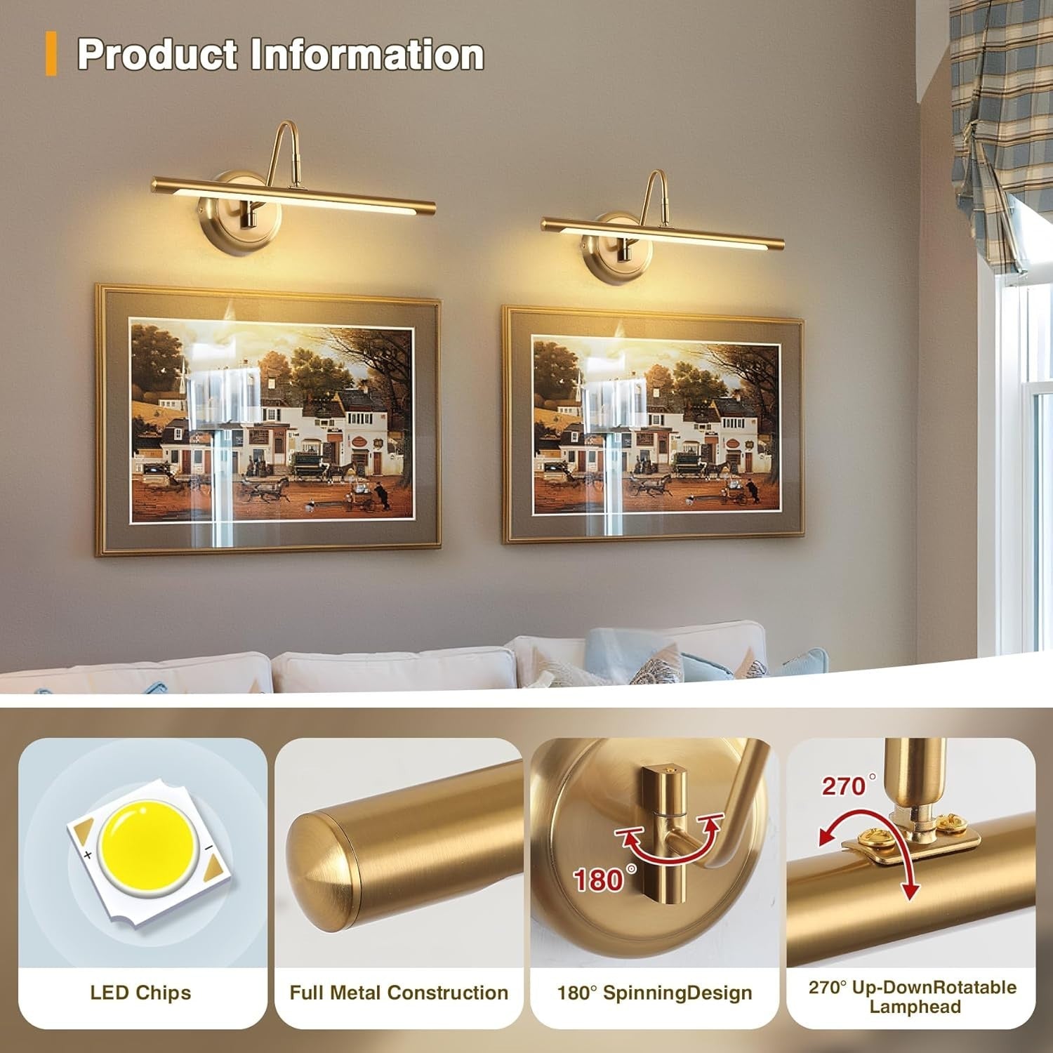 Modern Brass Picture Light 16.5" Dimmable LED Wall Lamp 3000K for Art