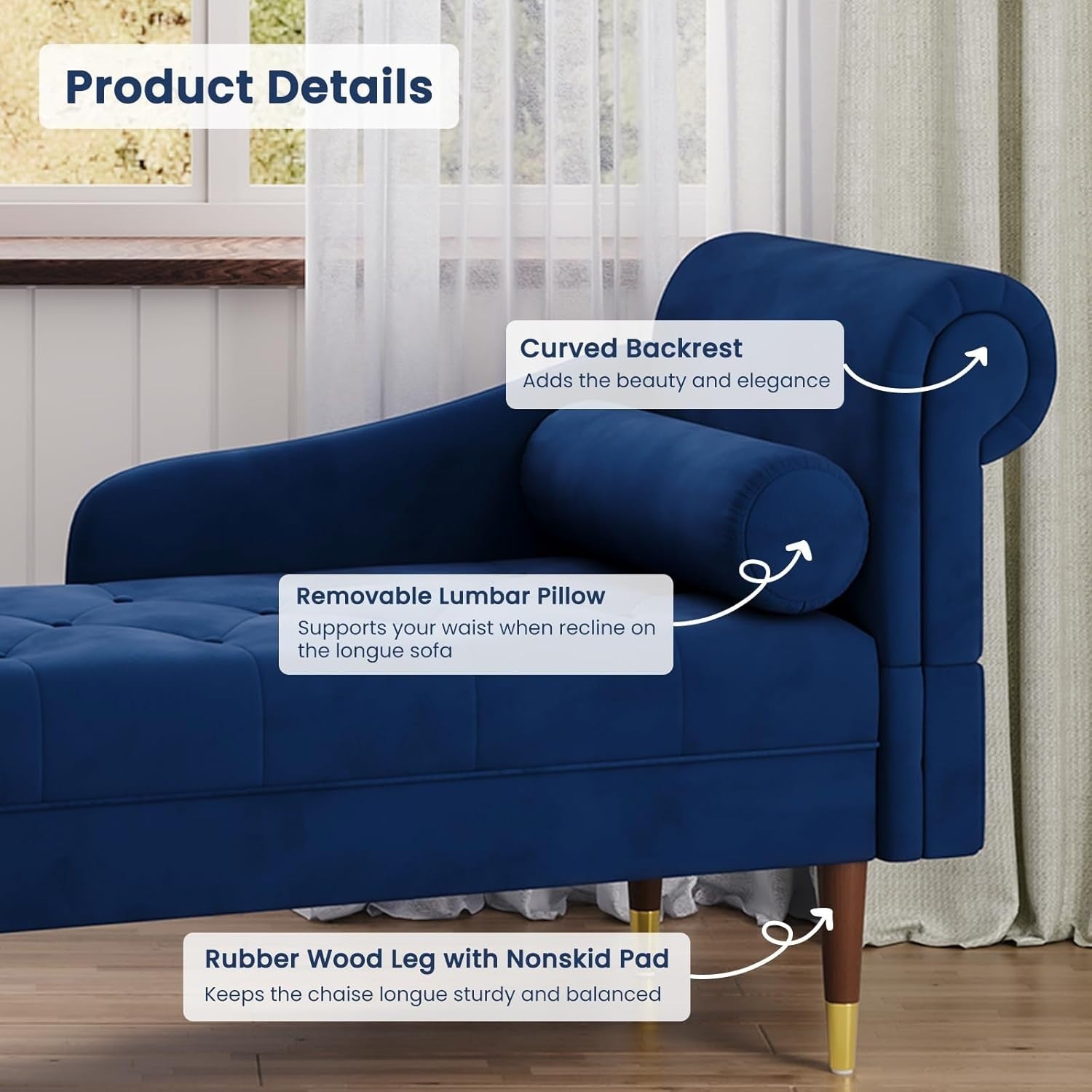 Luxury Blue Velvet Chaise Lounge Sofa Right Armrest – Space-Saving & Comfy