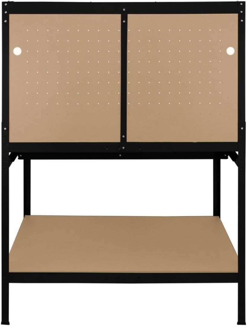 Black Garage Workbench Steel Pegboard Drawer LED Light 370kg Tool Station