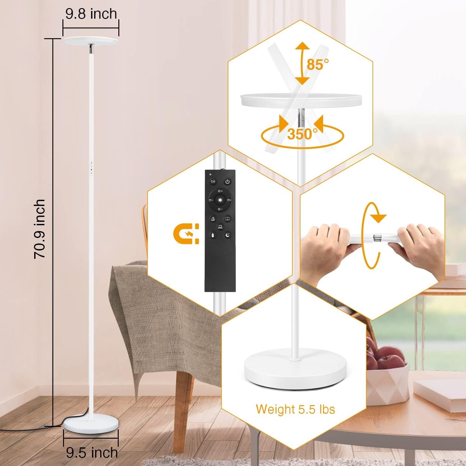 LED Uplighter Floor Lamp 3000LM Dimmable Remote Touch Modern Standing Light