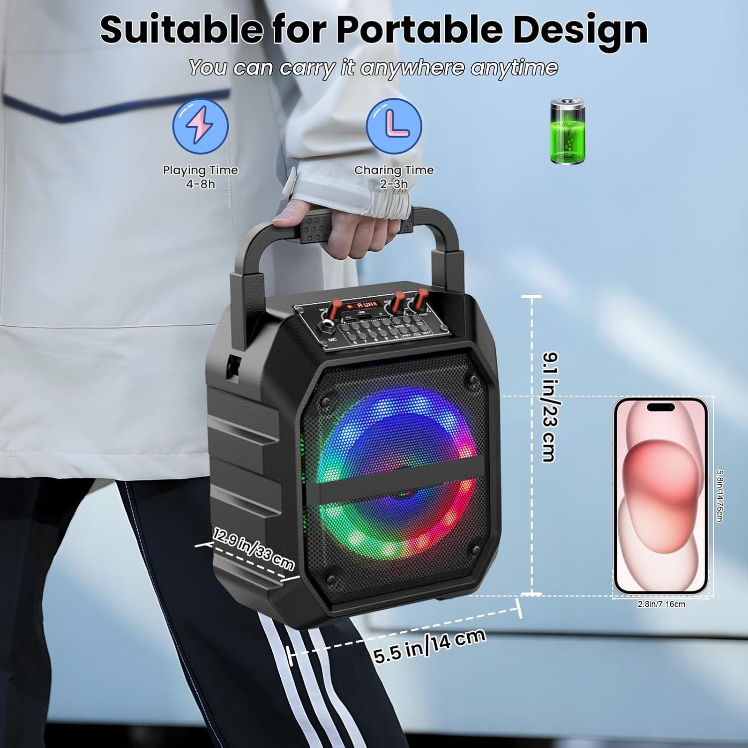 Karaoke Machine with 2 Wireless Mics Bluetooth LED Party Speaker