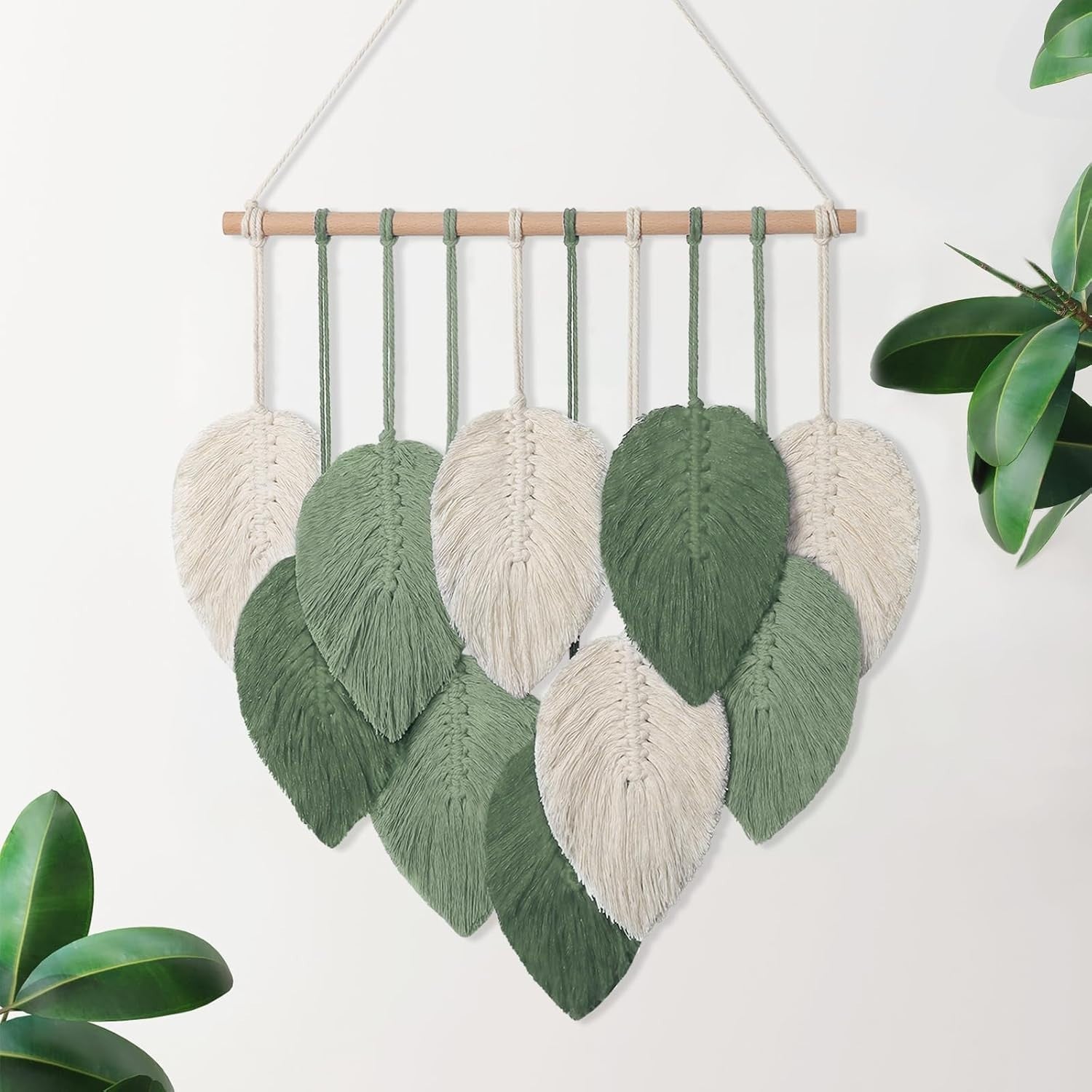 Small Macrame Wall Hanging Boho Leaf Woven Decor Green