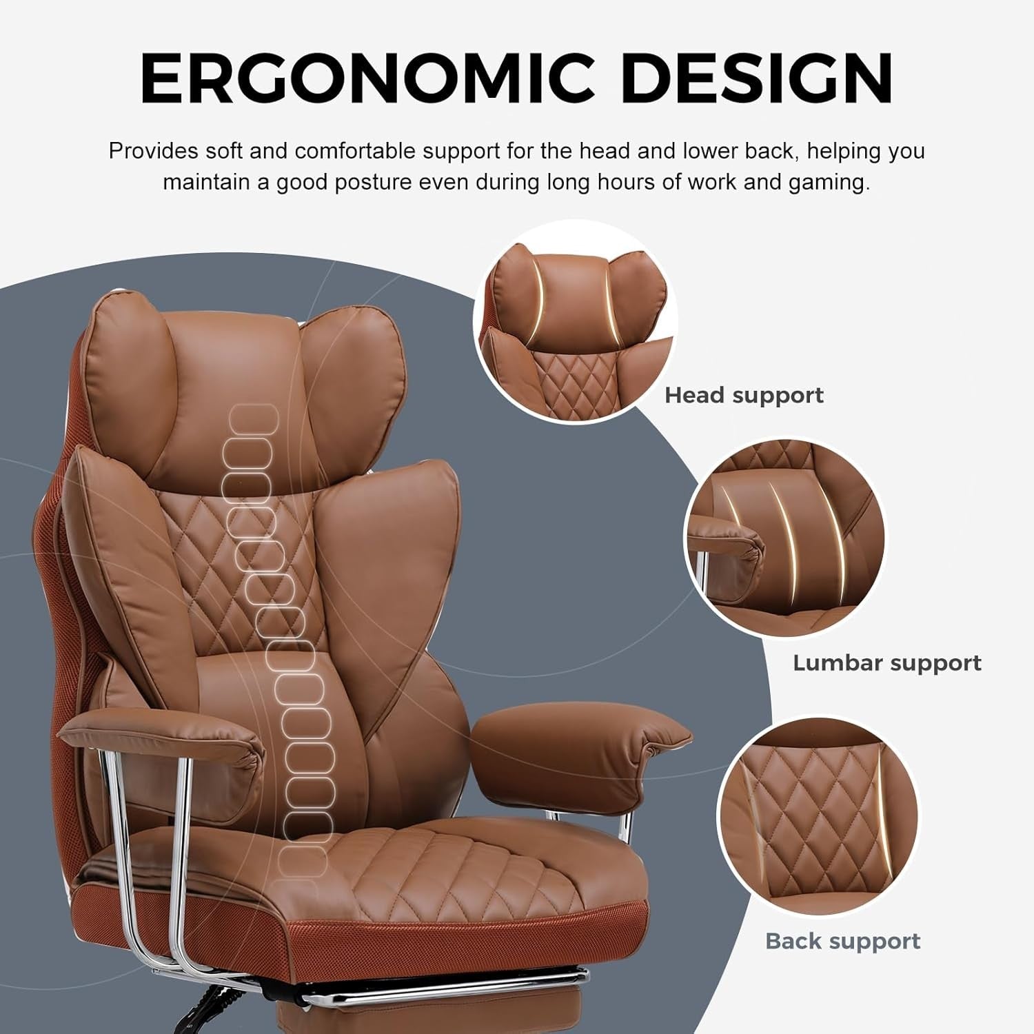 High Back Gaming Chair Ergonomic Swivel Recliner Office Seat Footrest Brown
