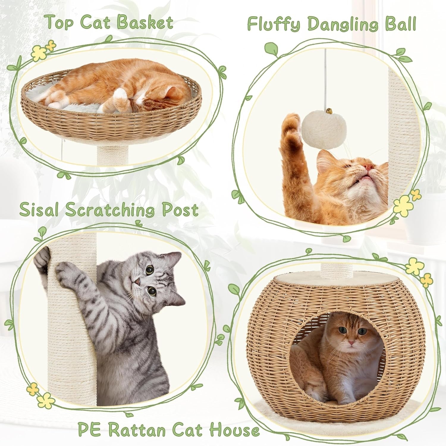 Rattan Cat Tree Tower 75cm Luxury Condo with Top Perch Scratching Post