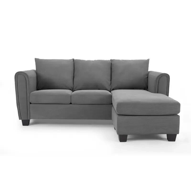 Grey Cord 3 Seater Sofa with Chaise Lounge | Reversible Corner Couch