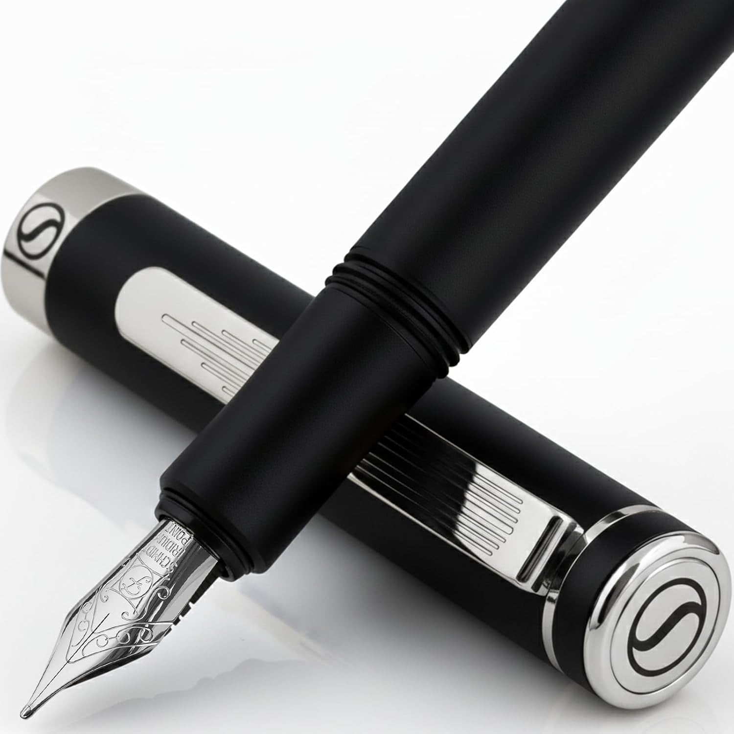 Luxury Fountain Pen Fine Nib Matt Black Chrome Gift Box