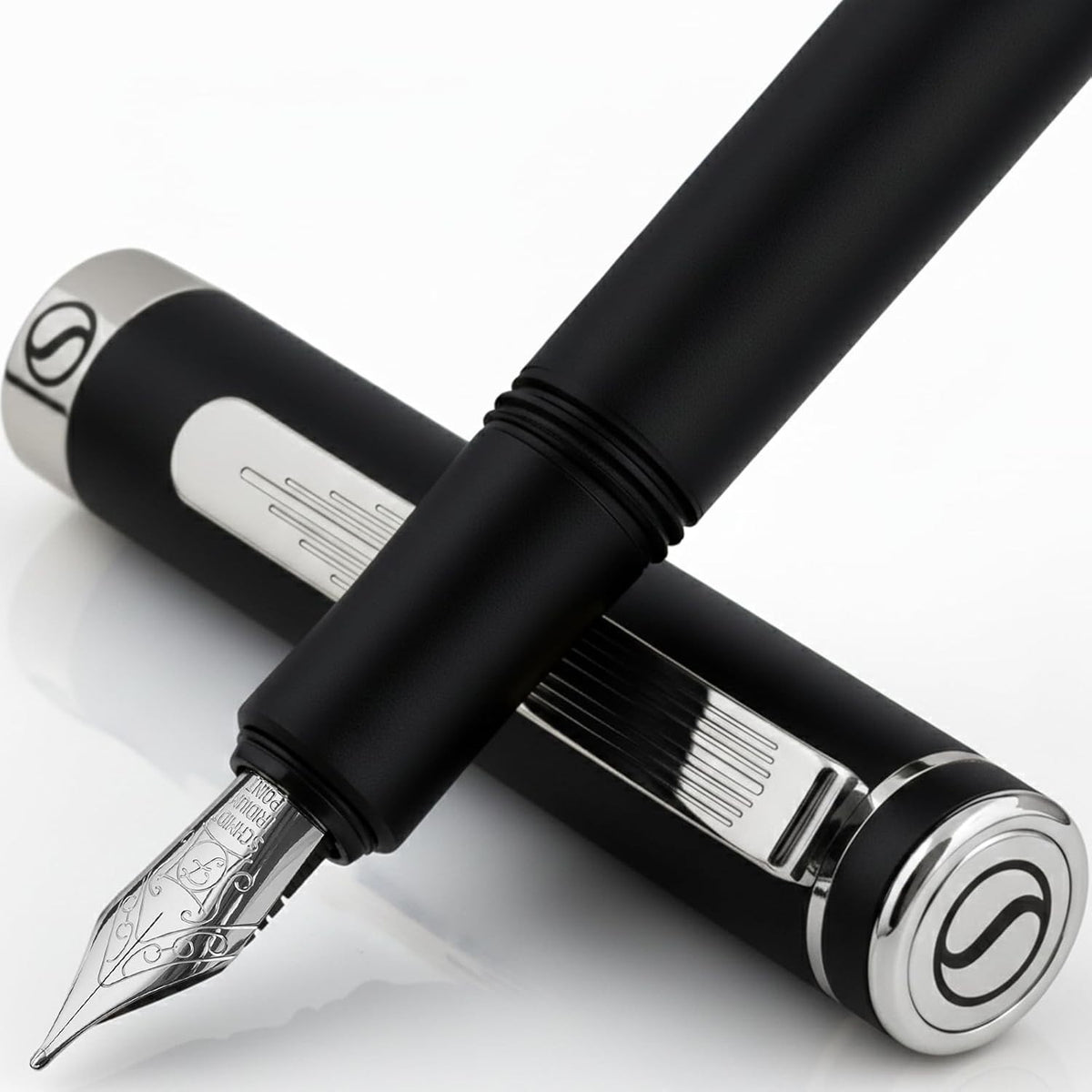Luxury Fountain Pen Fine Nib Matt Black Chrome Gift Box