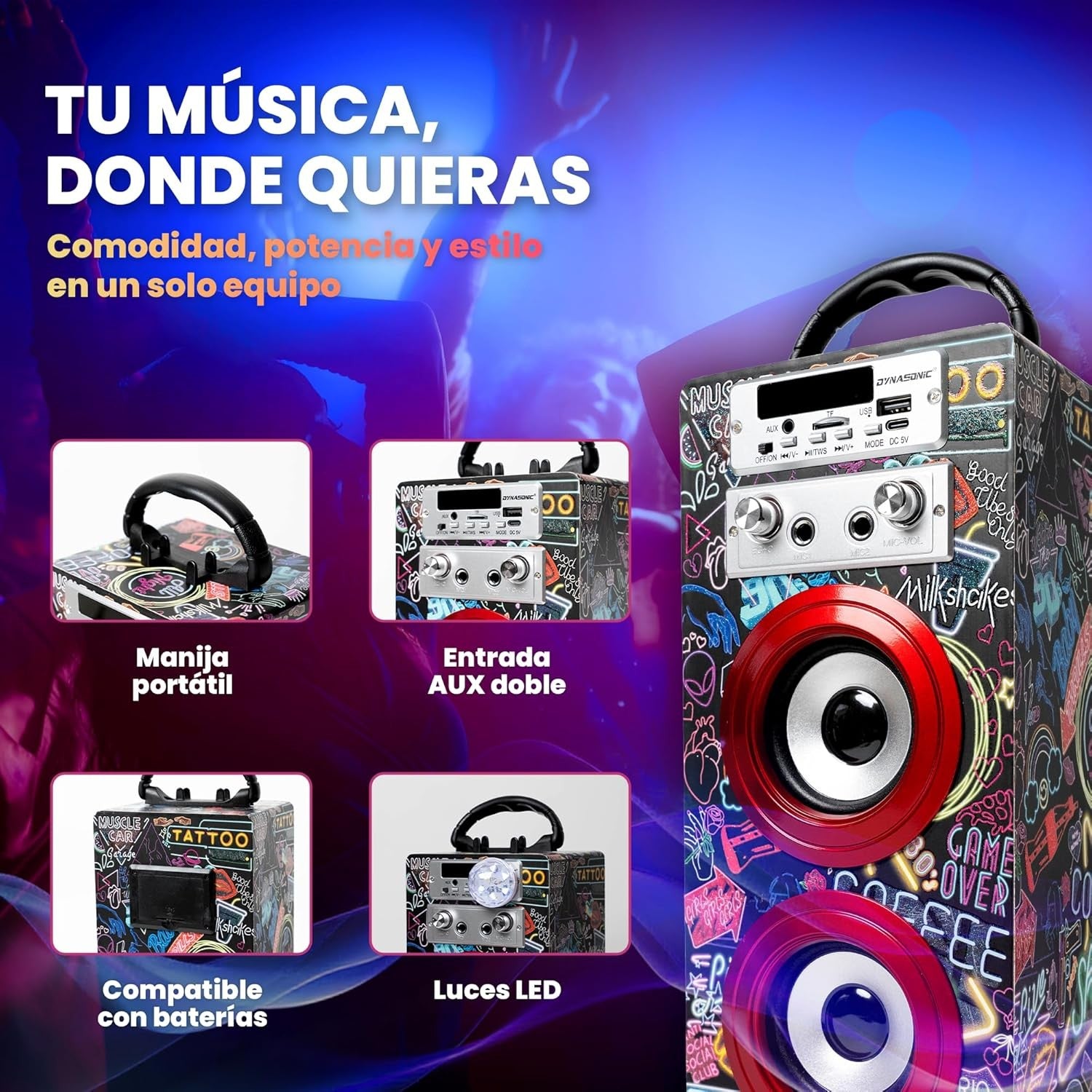 Blue Dynasonic Karaoke Machine 2 Mics Bluetooth LED Lights Portable