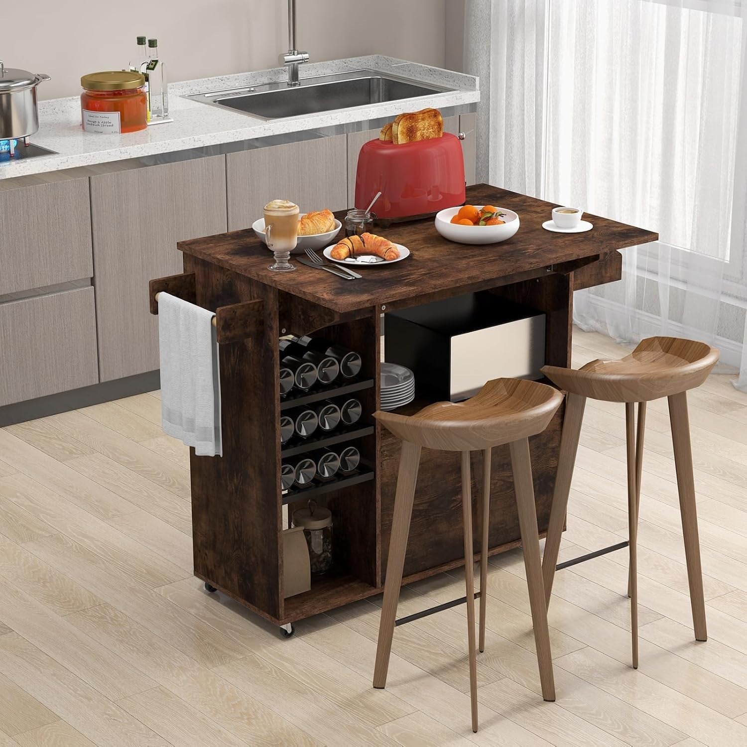 Kitchen Island Trolley Drop Leaf Wine Rack Rustic