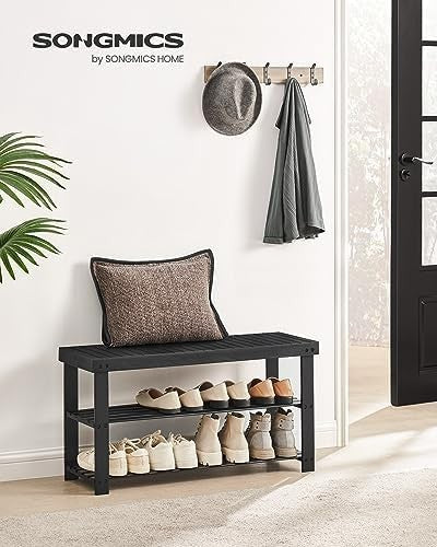 Black Bamboo 3-Tier Shoe Bench | Entryway, Hallway & Bedroom Organizer