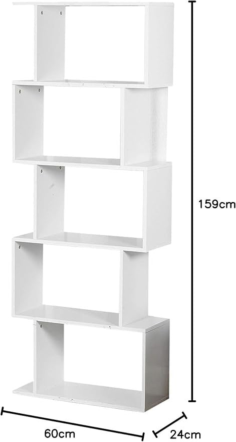 White S-Shaped 5 Tier Display Shelf | Modern Bookcase Storage Divider Unit