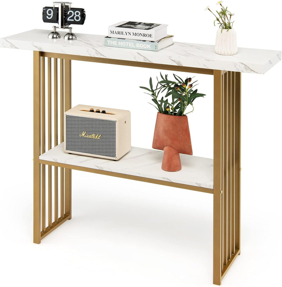 2-Tier Console Table Narrow Hallway Desk, Faux Marble Top, Gold Frame