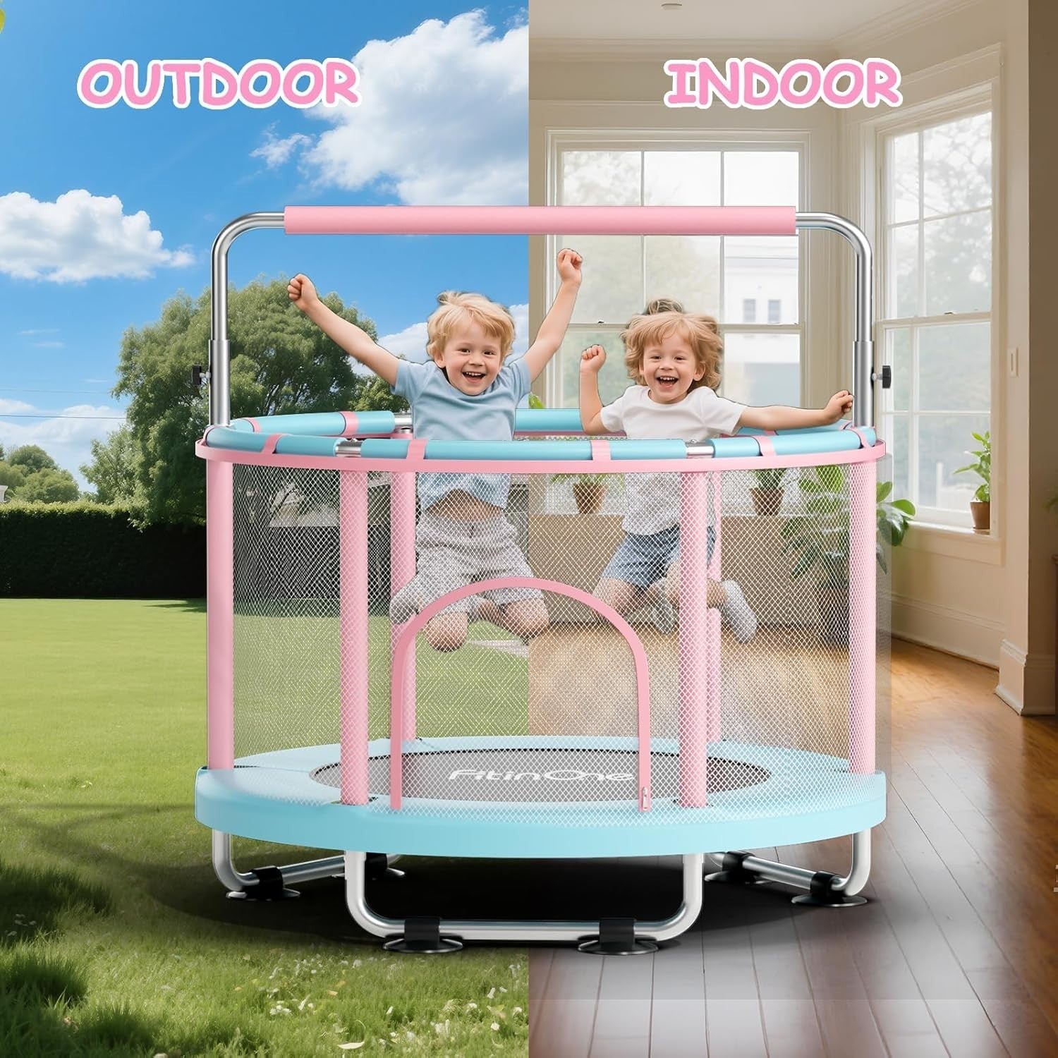 55” Kids Toddler Trampoline Indoor Outdoor w/ Swing Gymnastics Bar 440lbs