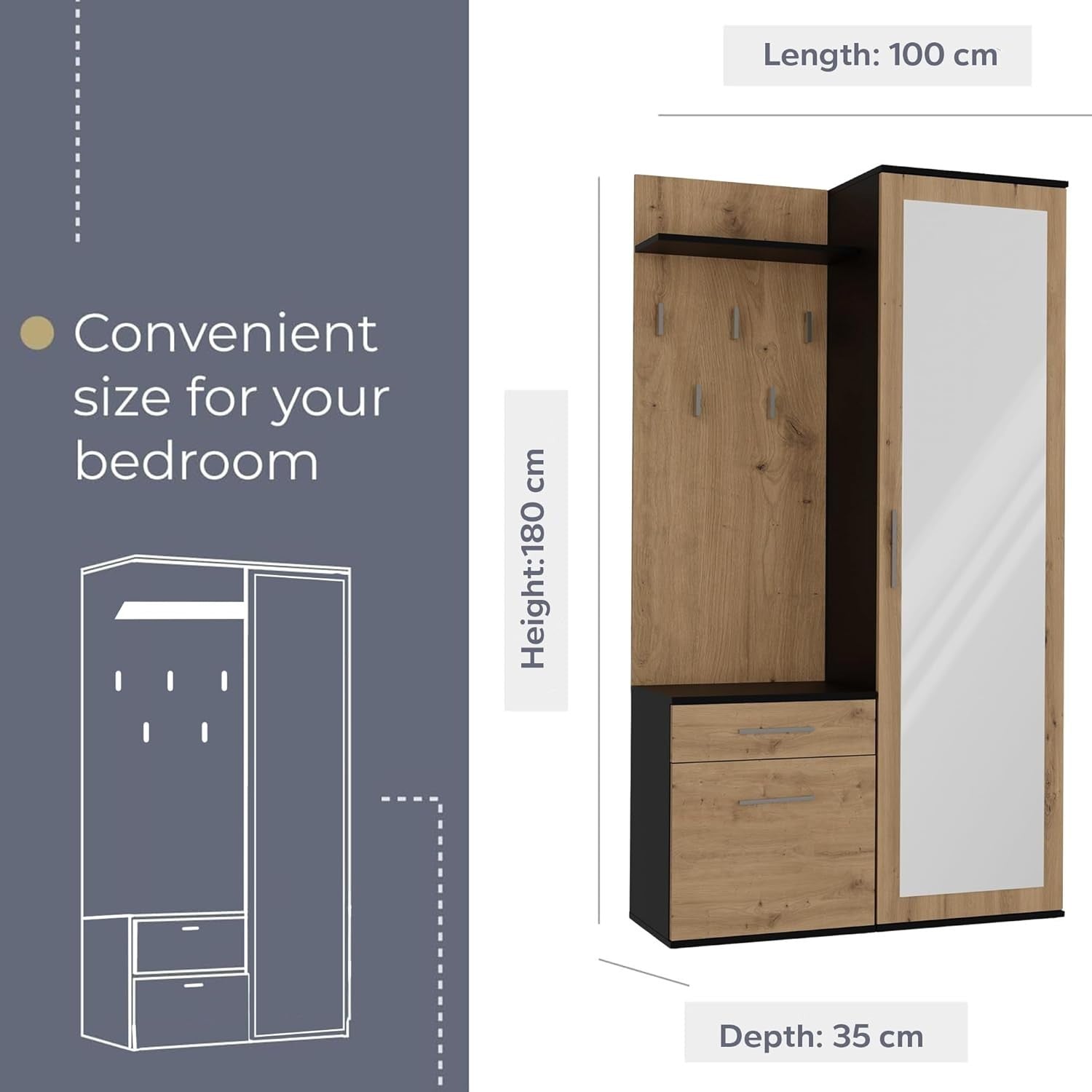 Modern Hallway Wardrobe with Shoe Storage, Hooks & Drawers, 180cm Tall