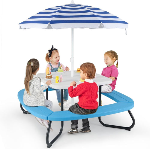 Kids Picnic Table Set 8-Seater with Adjustable Umbrella, Outdoor Garden Fun