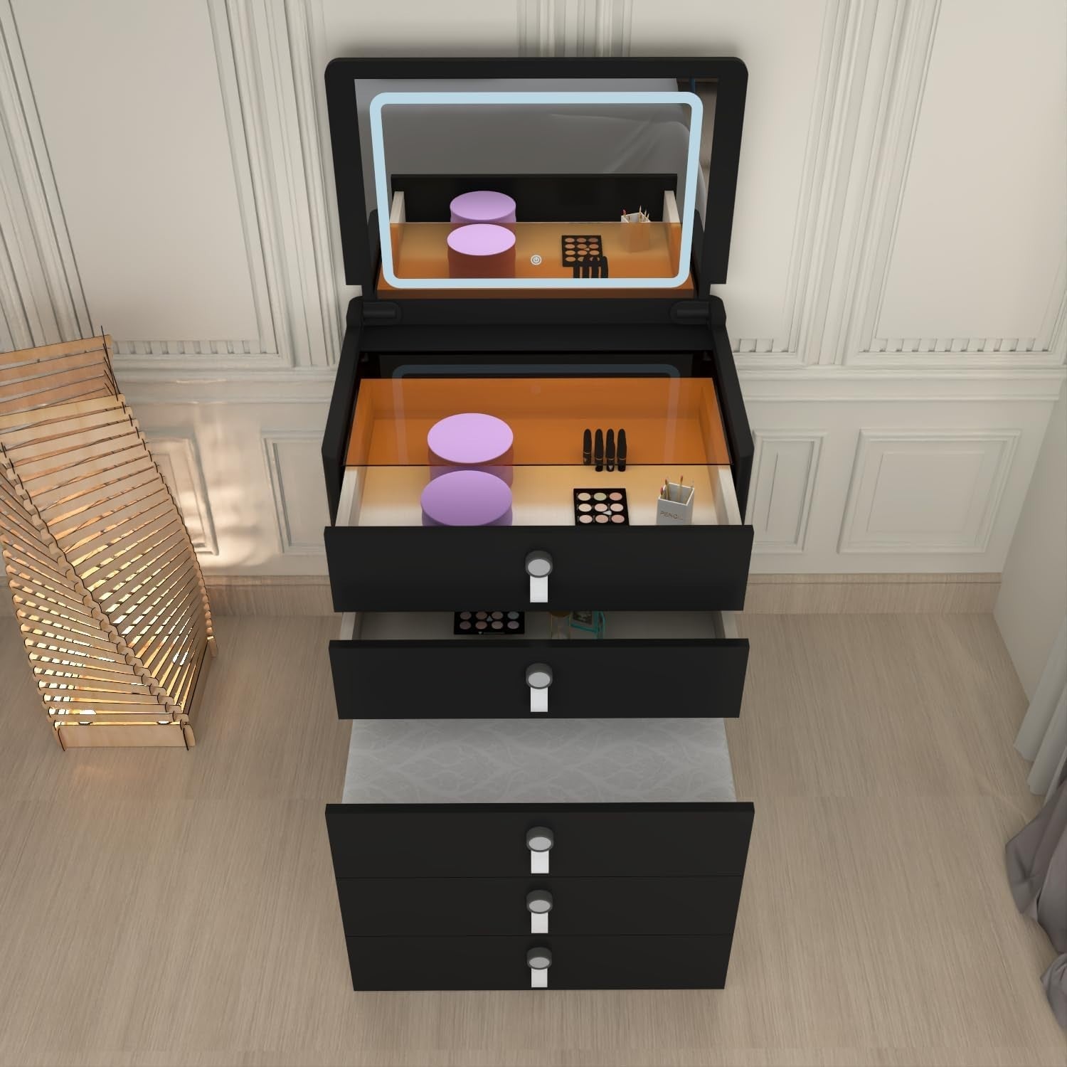 Black High Gloss Dressing Table Vanity Desk Mirror 5 Drawer Storage Stool Set