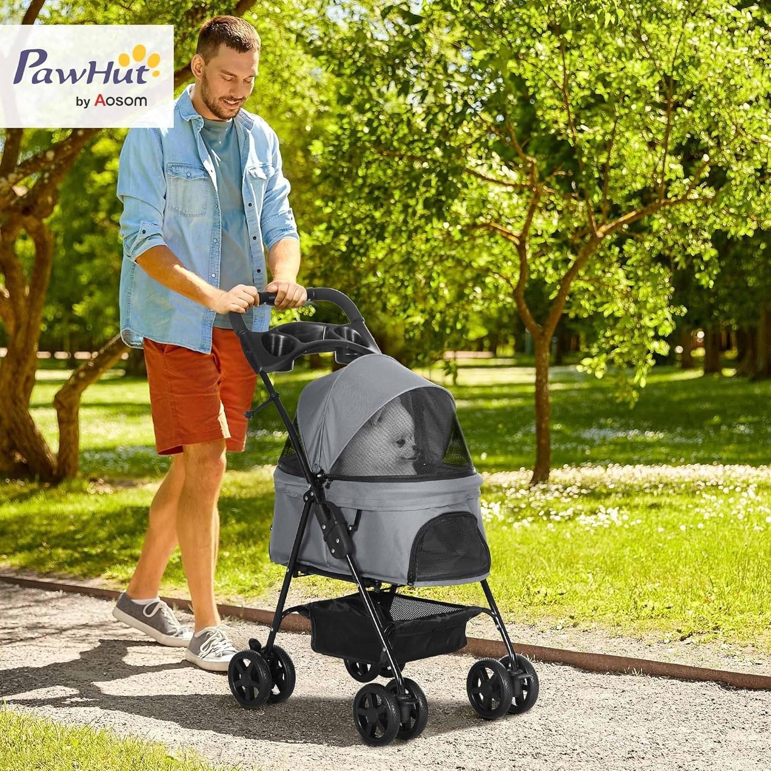 Pet Travel Stroller Dog Pushchair 4 Wheel Foldable Safety Leash Cup