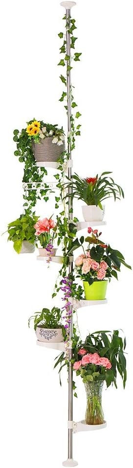 Adjustable Tension Pole Plant Stand 6 Tier Indoor Hanging Rack with Trays Ivory