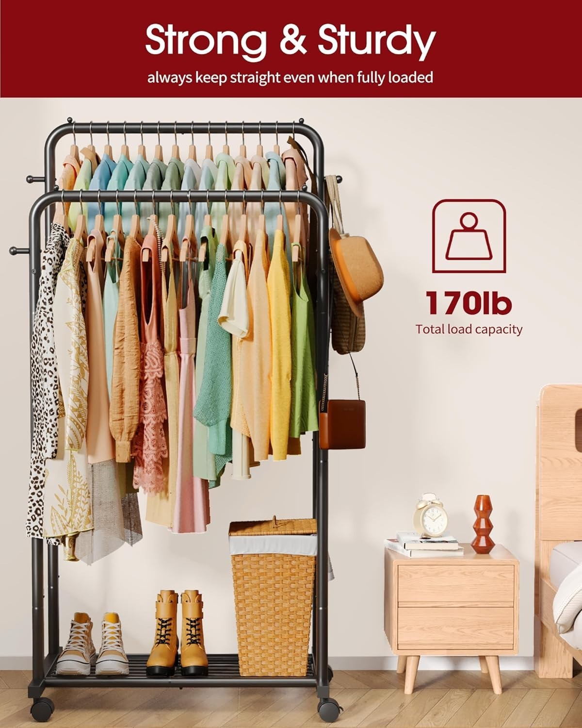Double Rod Clothes Rail with Shelf & Hooks – Black 150cm