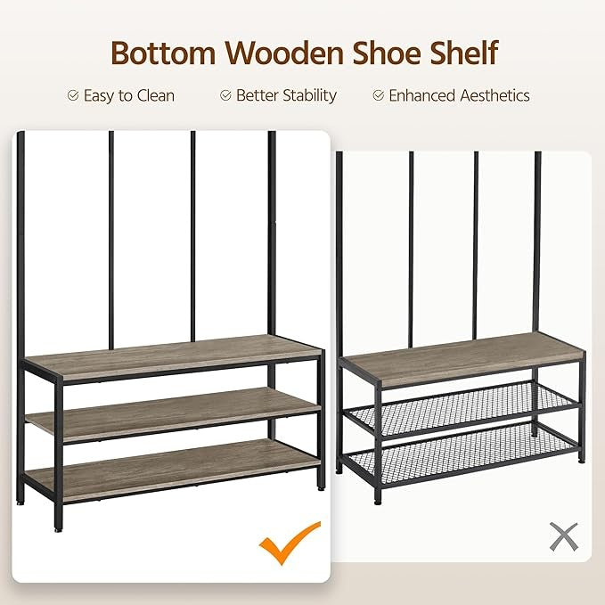 Grey Metal Hall Tree with 24 Hooks & Shoe Bench Industrial Coat Rack Stand