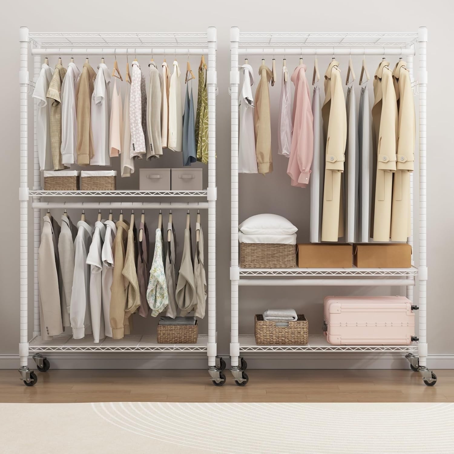 Heavy Duty Clothes Rail with Shelves & Wheels – White 205cm