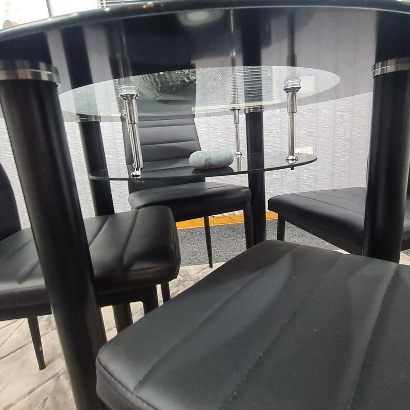 Round Glass Dining Table Set with 4 Faux Leather Chairs Black Modern