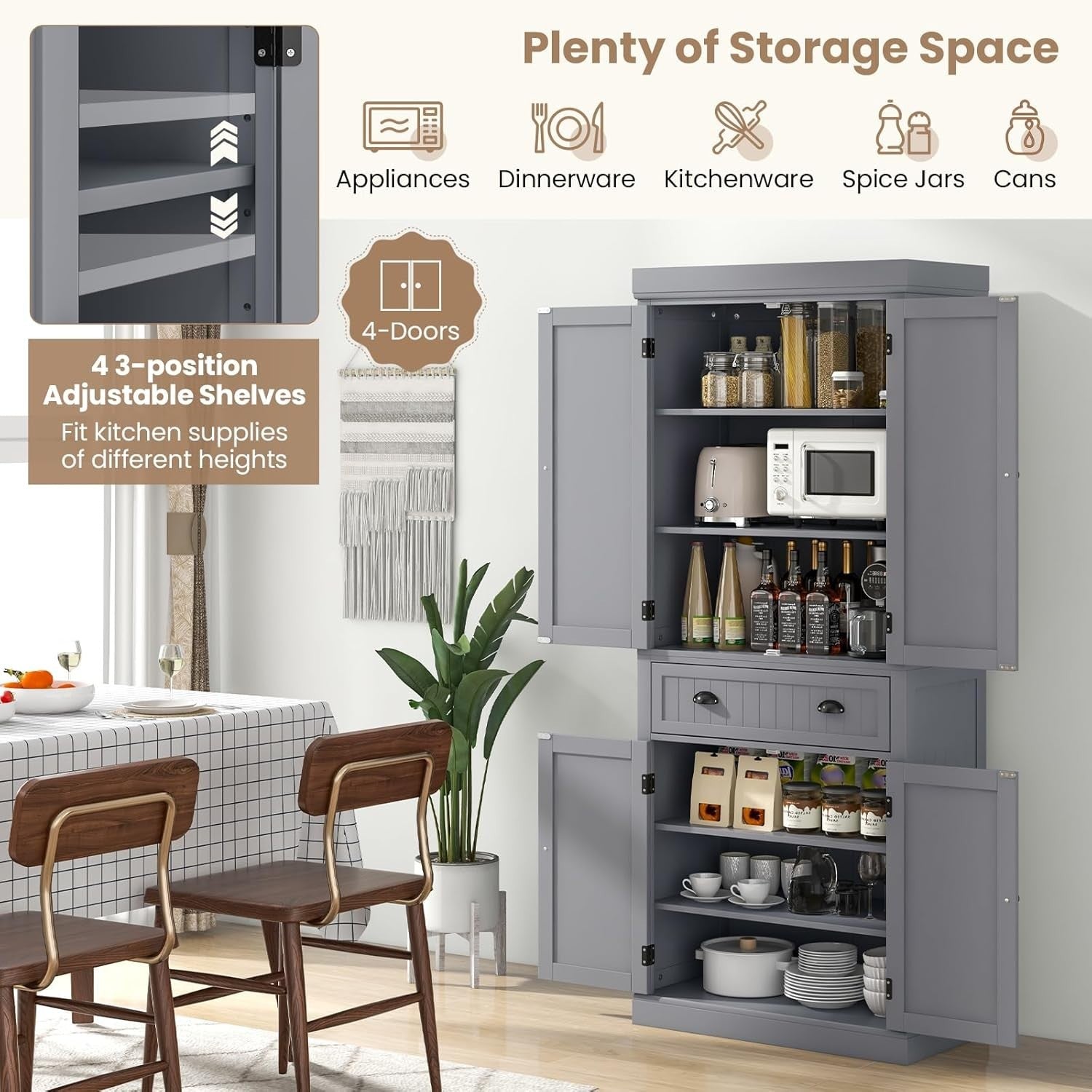182cm Grey Kitchen Pantry Cupboard | 4 Adjustable Shelves & Drawer