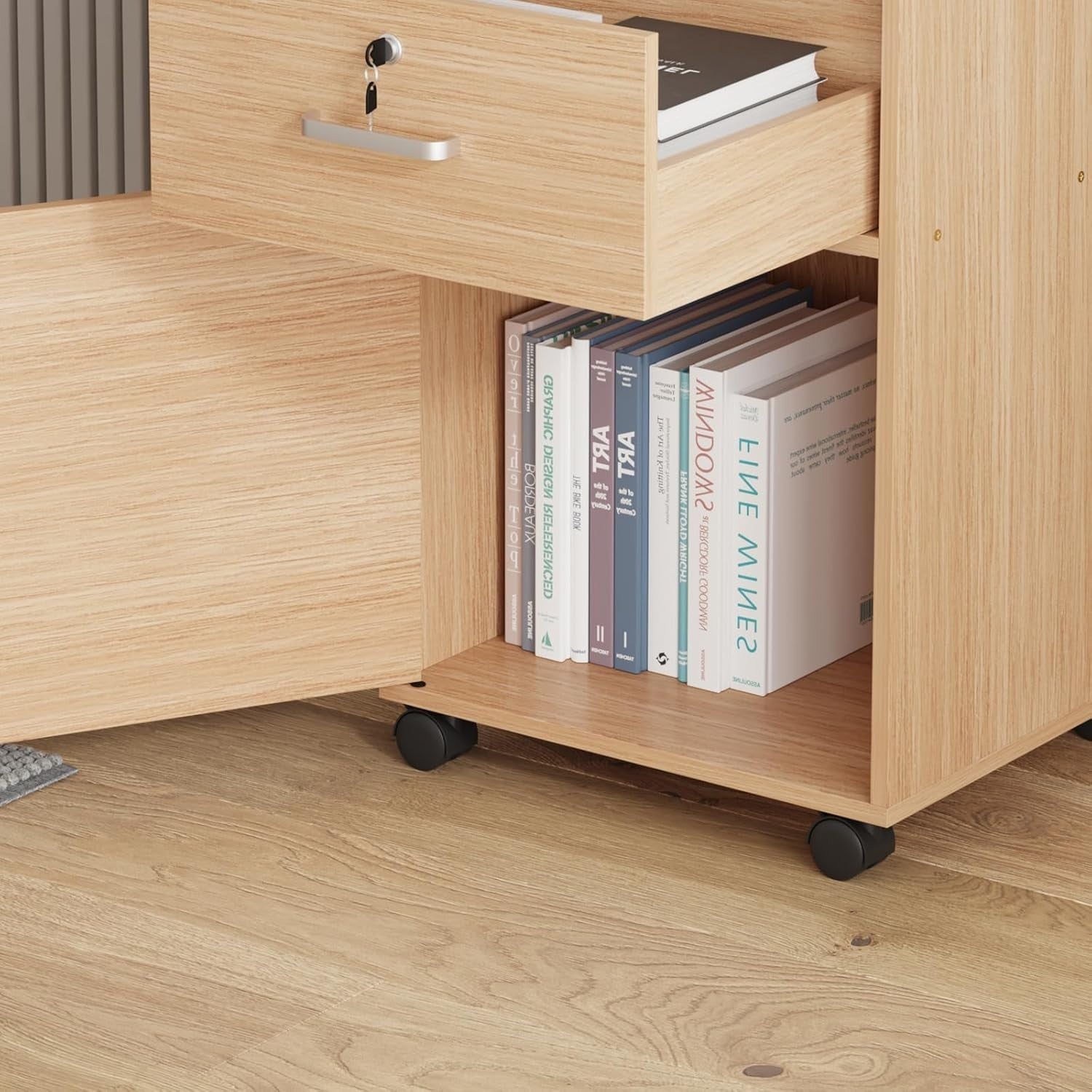Walnut Locking Mobile File Cabinet Drawer Door Under Desk Storage