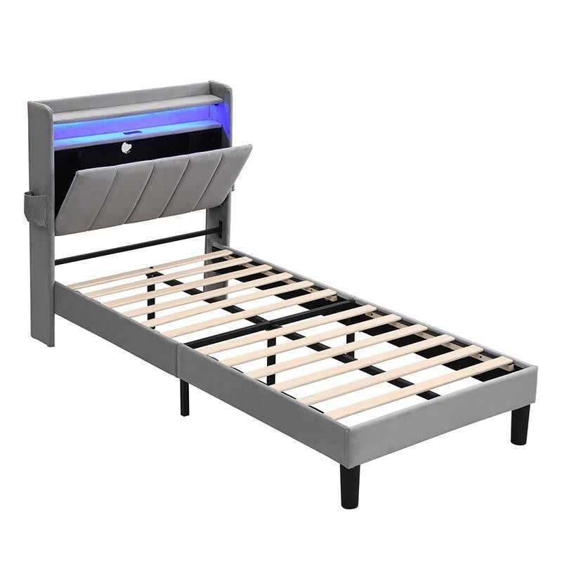 Single Bed 3FT Grey Velvet USB Charging LED Light Storage Bed for Teen Kids