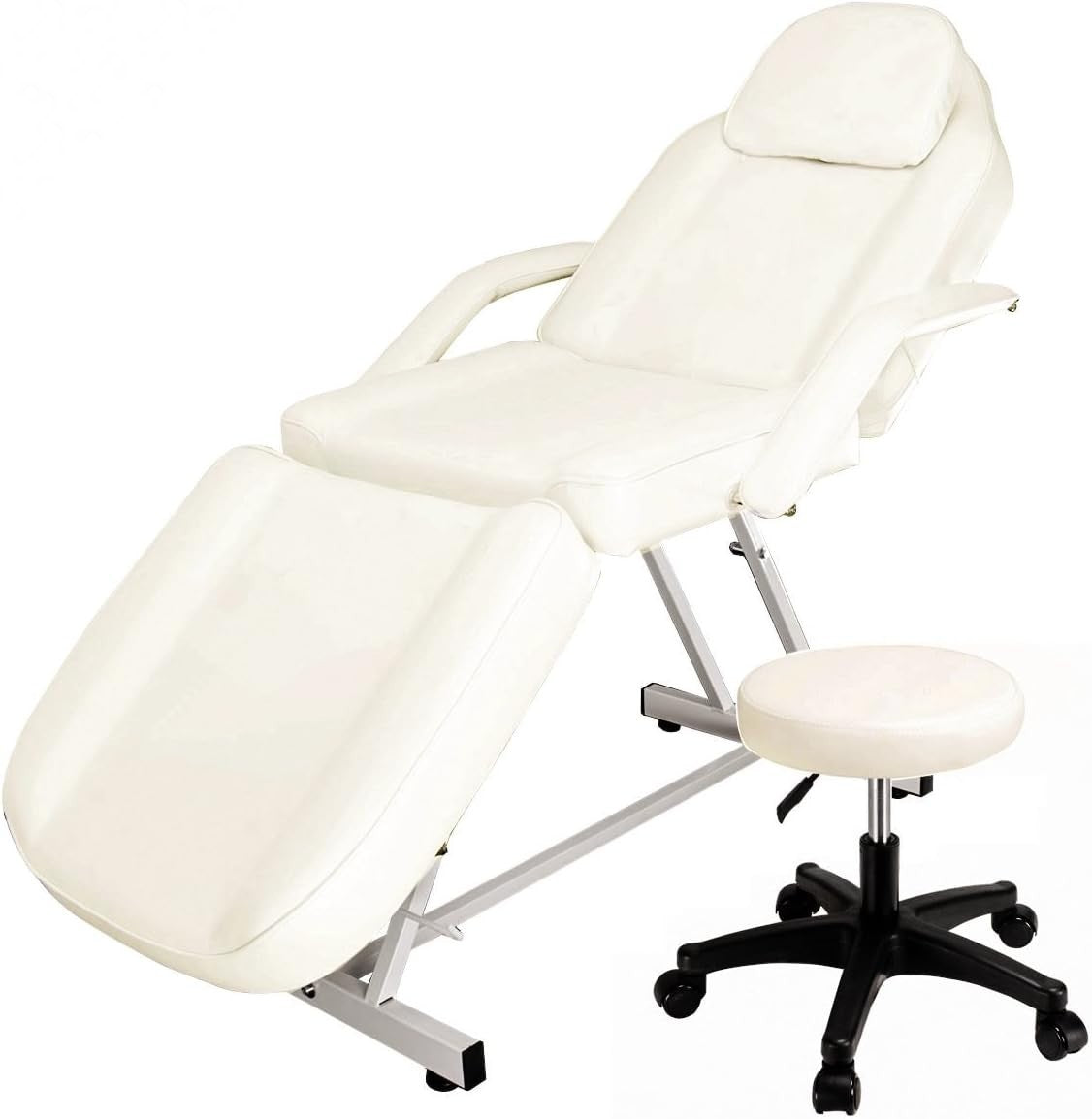 Beauty Massage Bed with Stool Adjustable 3-Section Salon Table Cream White