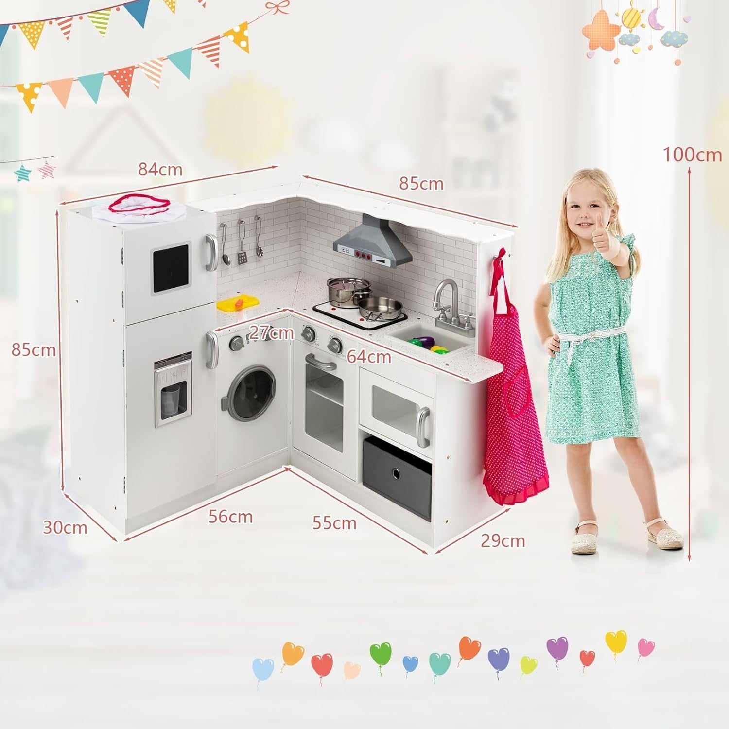 Corner Wooden Kids Play Kitchen Lights Sounds Chef Toy White