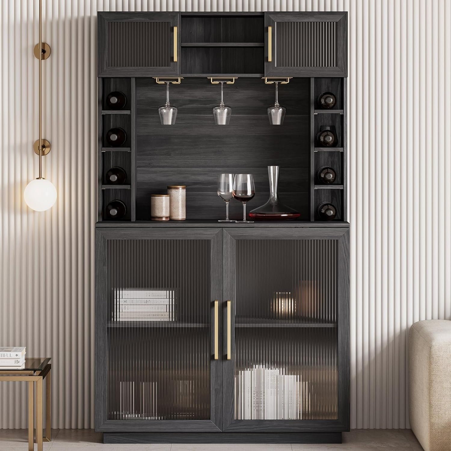 72" Wine Bar Cabinet with Hutch, Power Outlet, Storage Shelves & Glass Rack