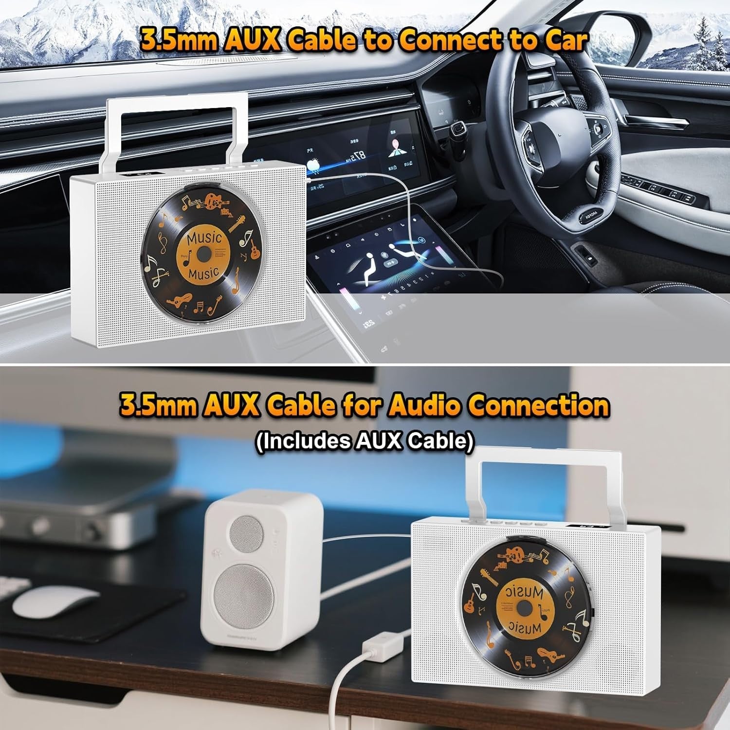 Bluetooth CD Player FM Radio USB AUX Speakers Remote Display White