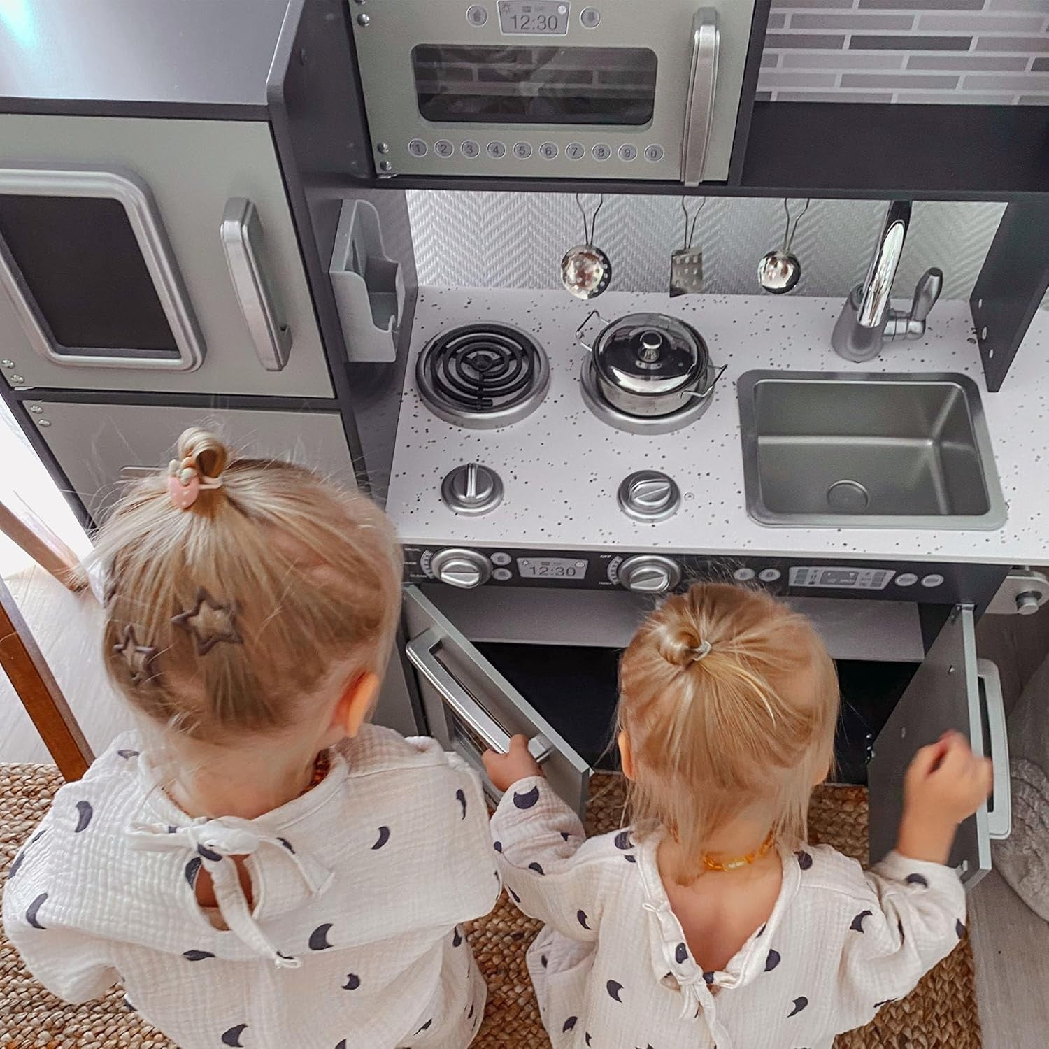 Wooden Kids Play Kitchen LED Lights Pretend Cooking Set Grey Toy