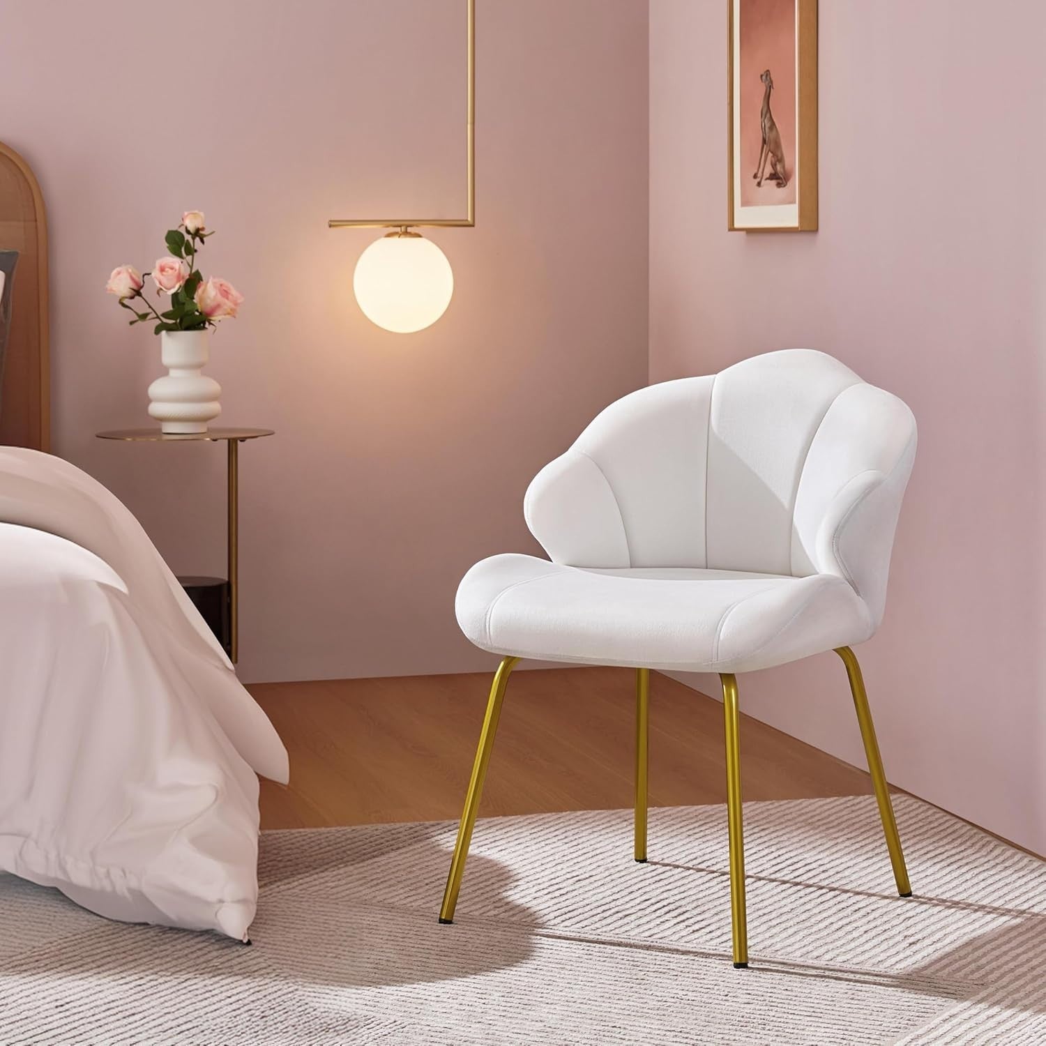 White Velvet Shell Chair Gold Legs Makeup Vanity Seat Bedroom Accent